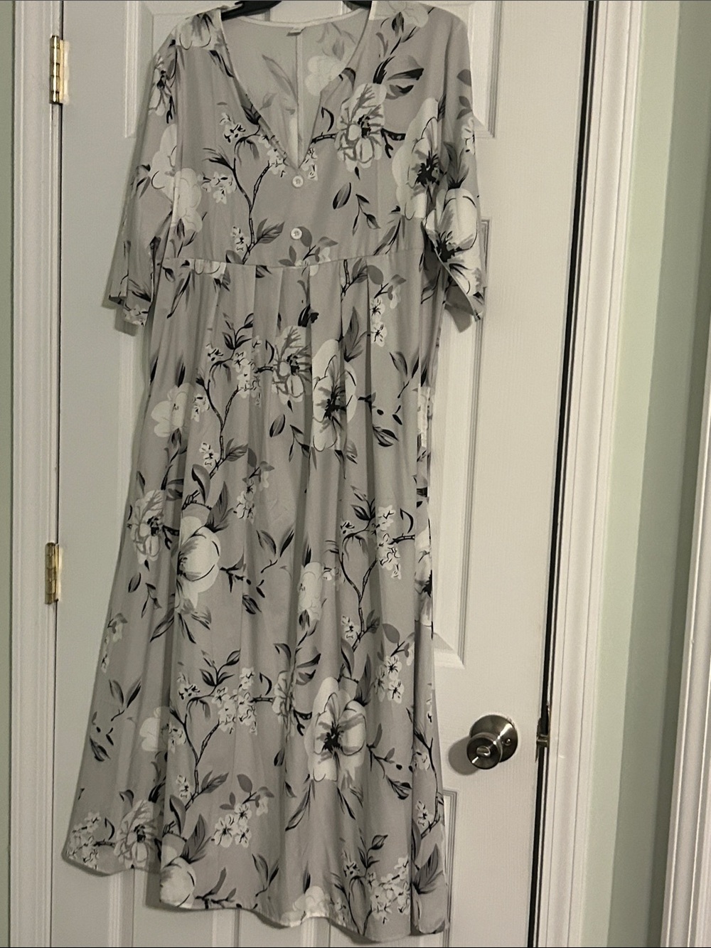 Flowing Gray Floral V-Neck Midi Dress